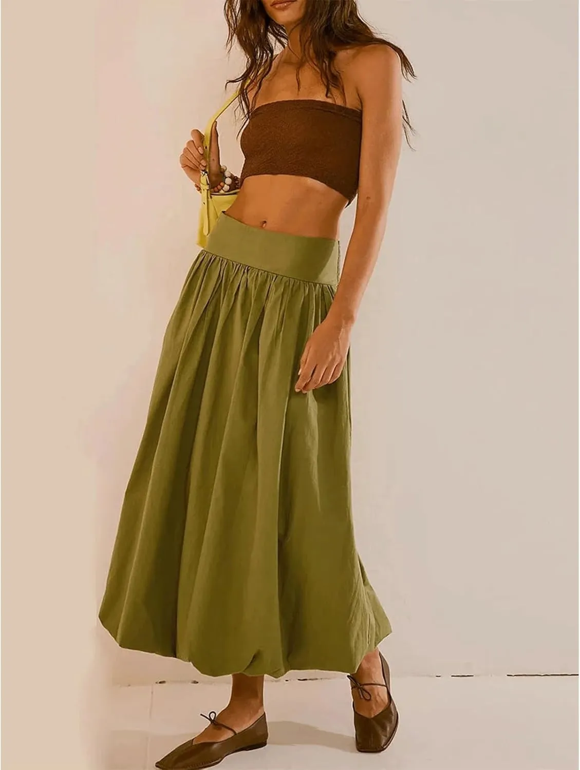 Bubble Skirt Long for Women Ruffle Pleated Stretchy Elastic Midi Skirt Coquette Aesthetic Summer Vintage Y2K Dress