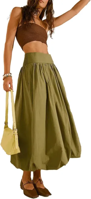 Bubble Skirt Long for Women Ruffle Pleated Stretchy Elastic Midi Skirt Coquette Aesthetic Summer Vintage Y2K Dress