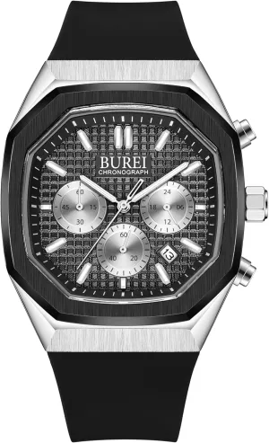 BUREI Men's Fashion Black Watch Multifunctional Men's Watches Sports Outdoor Watches Military Watches Waterproof Quartz Watches Square Watches Silicone Strap with Calendar