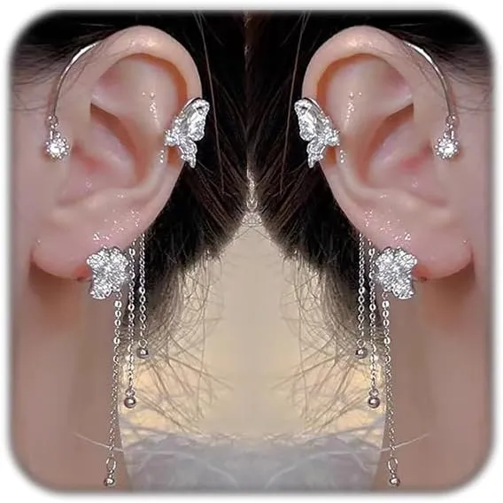 Butterfly Ear Cuff Earrings for Women No Piercing Gold Silver Zircon Butterfly Earring Butterfly Flower Tassel Chain Rhinestone Dangle Drop Ear Cuffs For Bridal Wedding Climber Ear Wrap Prom Jewelry Gifts