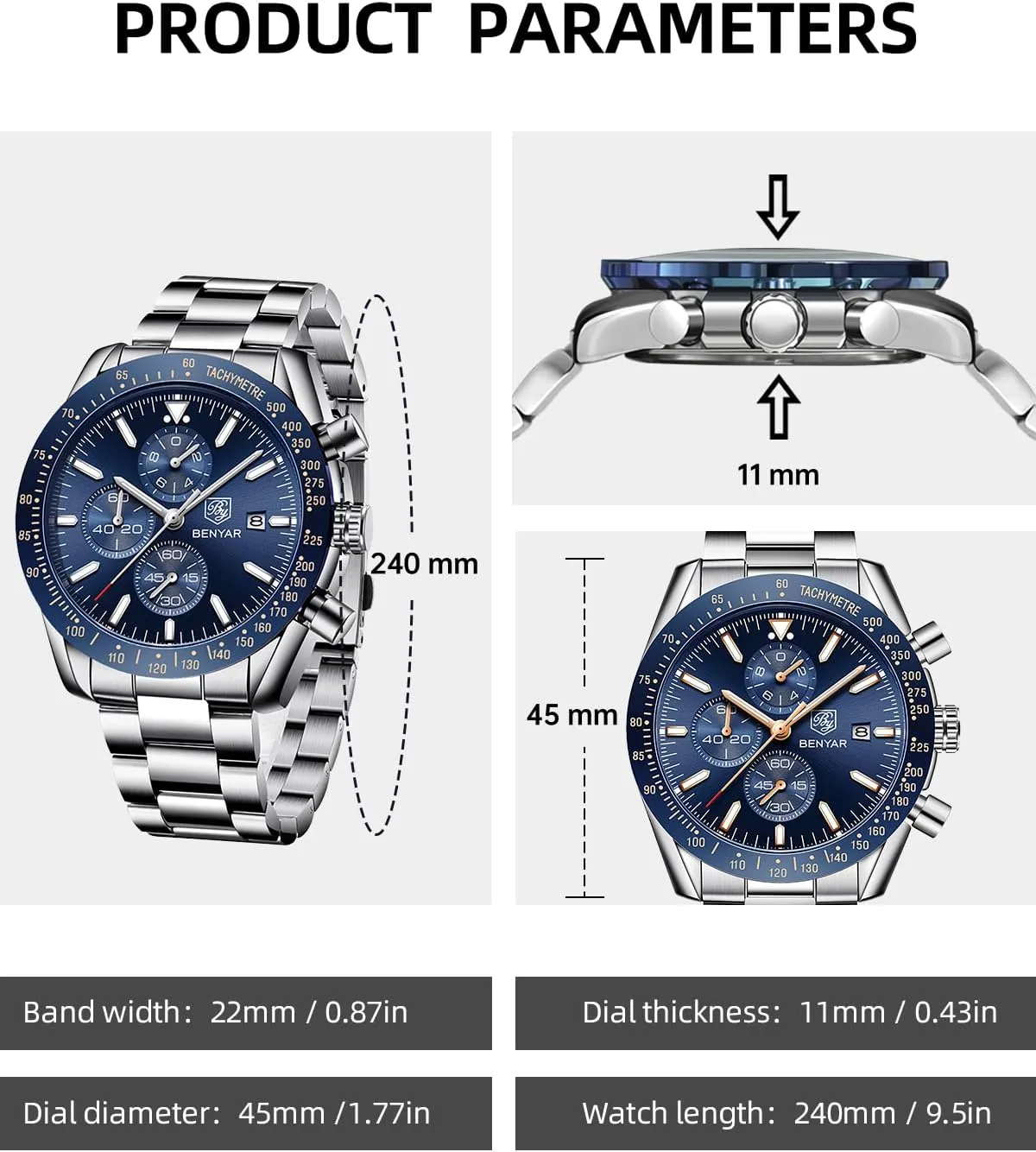 BY BENYAR Watch for Men Analog Quartz Chronograph Waterproof Luminous Designer Mens Wrist Watches Business Work Sport Casual Dress Watch with Silicone Strap Elegant Gifts for Men
