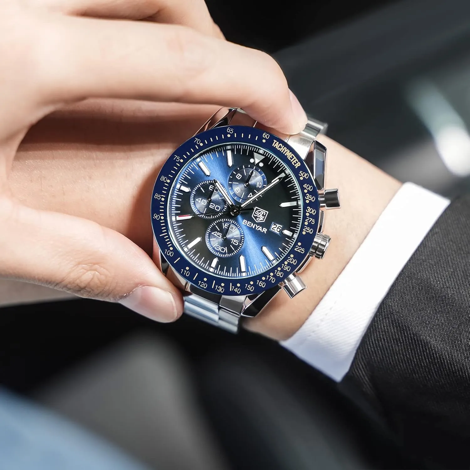 BY BENYAR Watch for Men Analog Quartz Chronograph Waterproof Luminous Designer Mens Wrist Watches Business Work Sport Casual Dress Watch with Silicone Strap Elegant Gifts for Men