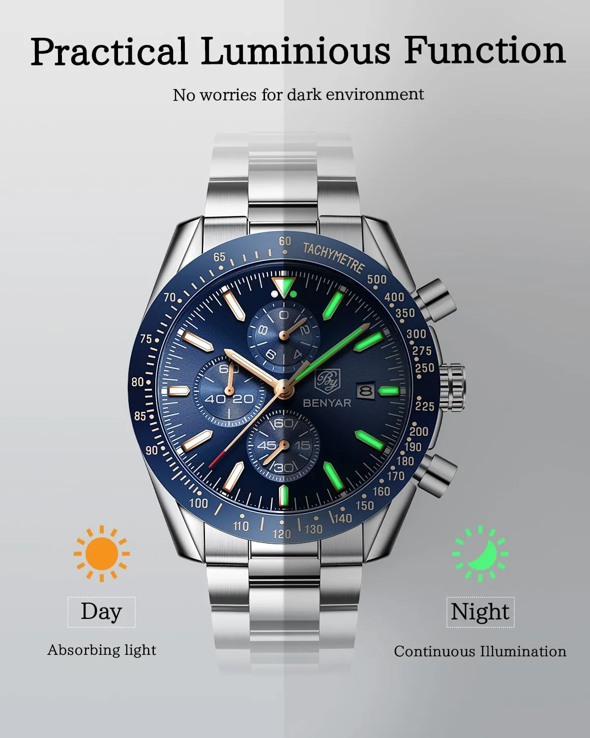 BY BENYAR Watch for Men Analog Quartz Chronograph Waterproof Luminous Designer Mens Wrist Watches Business Work Sport Casual Dress Watch with Silicone Strap Elegant Gifts for Men