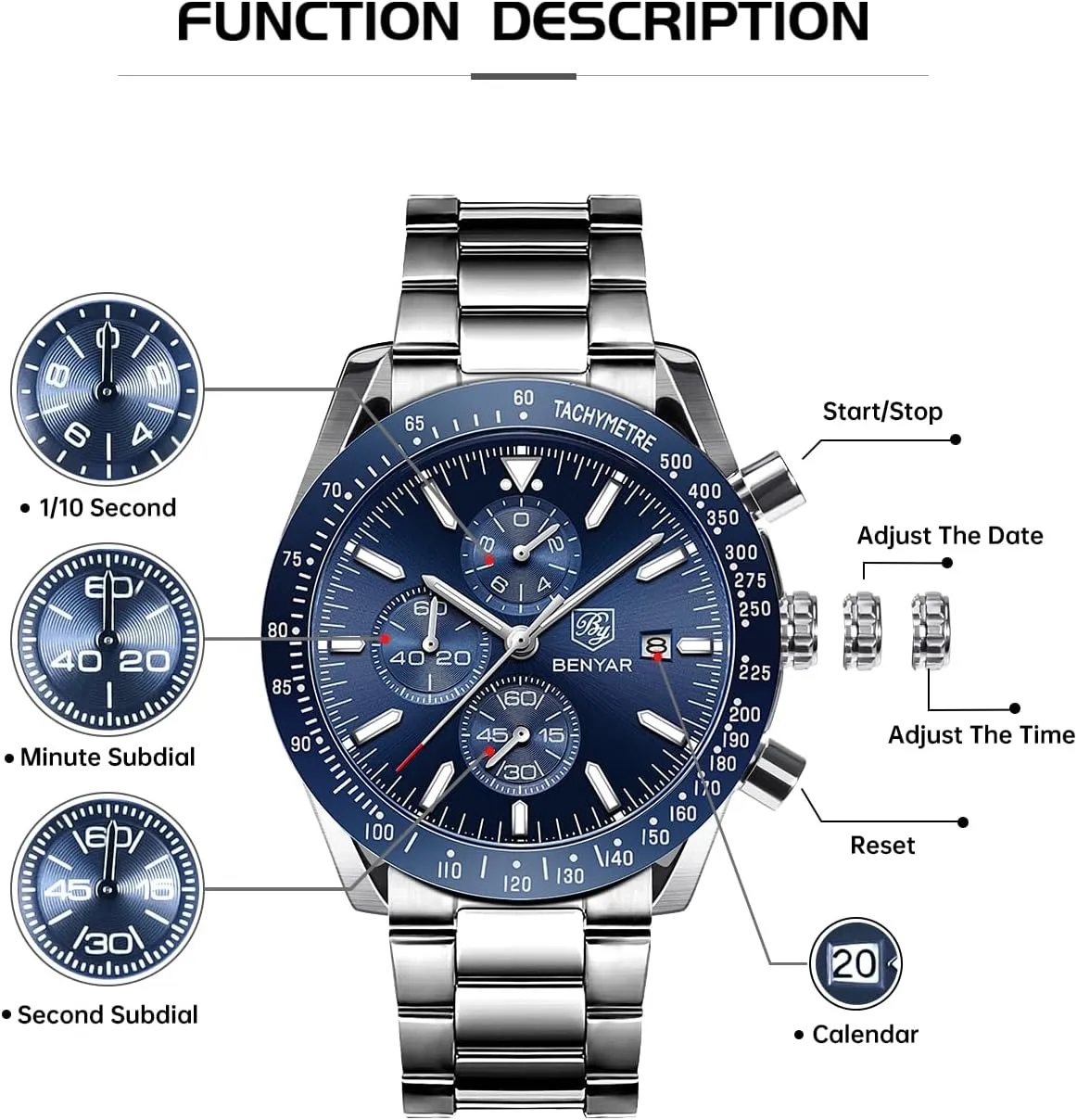 BY BENYAR Watch for Men Analog Quartz Chronograph Waterproof Luminous Designer Mens Wrist Watches Business Work Sport Casual Dress Watch with Silicone Strap Elegant Gifts for Men