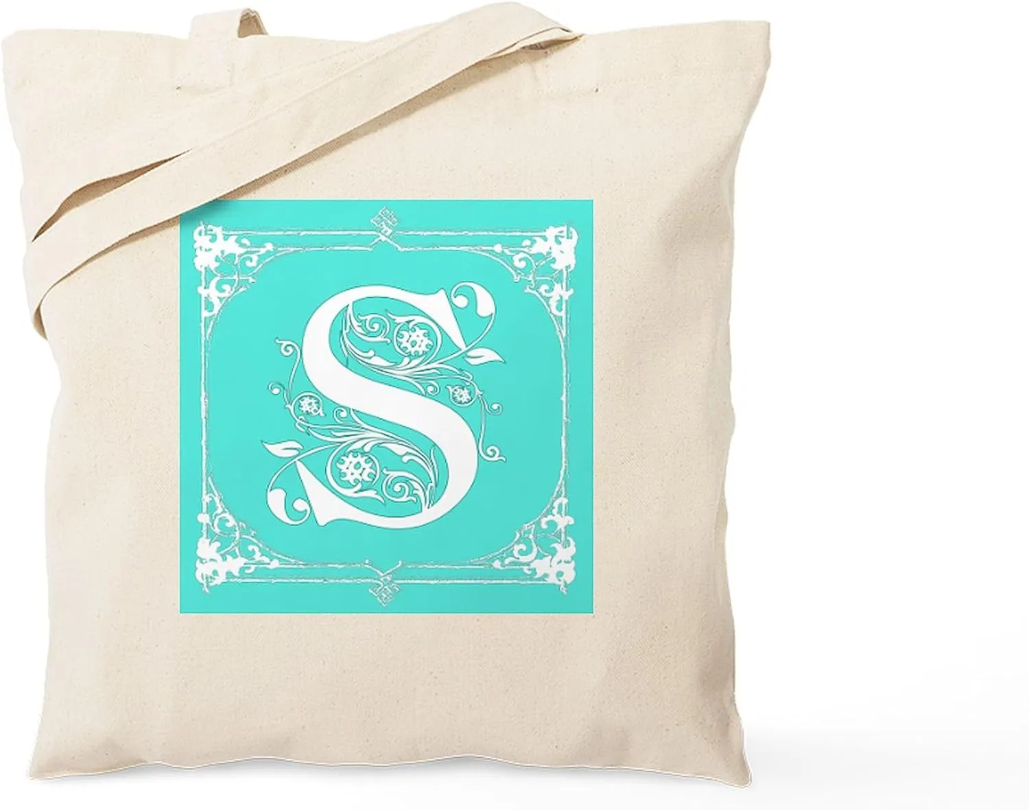 CafePress Fancy Border Seafoam Green Letter S Tote Bag Natural Canvas Tote Bag, Reusable Shopping Bag