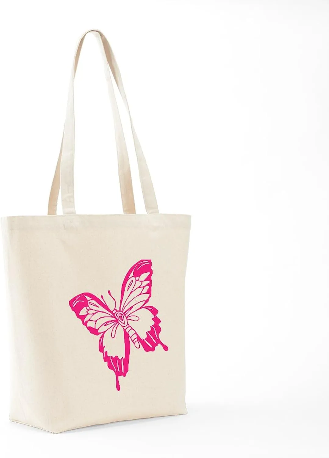 CafePress Pink Butterfly Tote Bag Reusable Natural Beige Canvas Shopping Bag