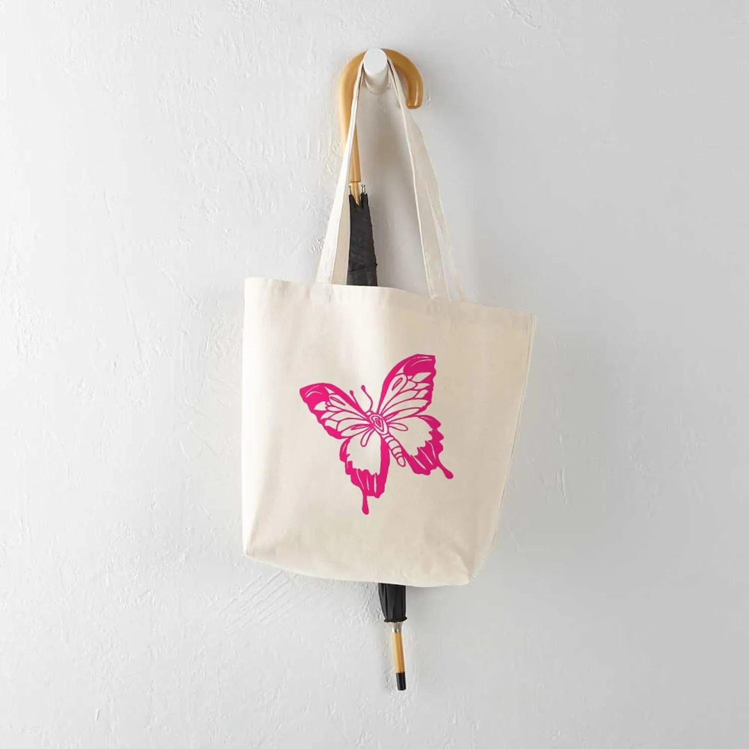 CafePress Pink Butterfly Tote Bag Reusable Natural Beige Canvas Shopping Bag