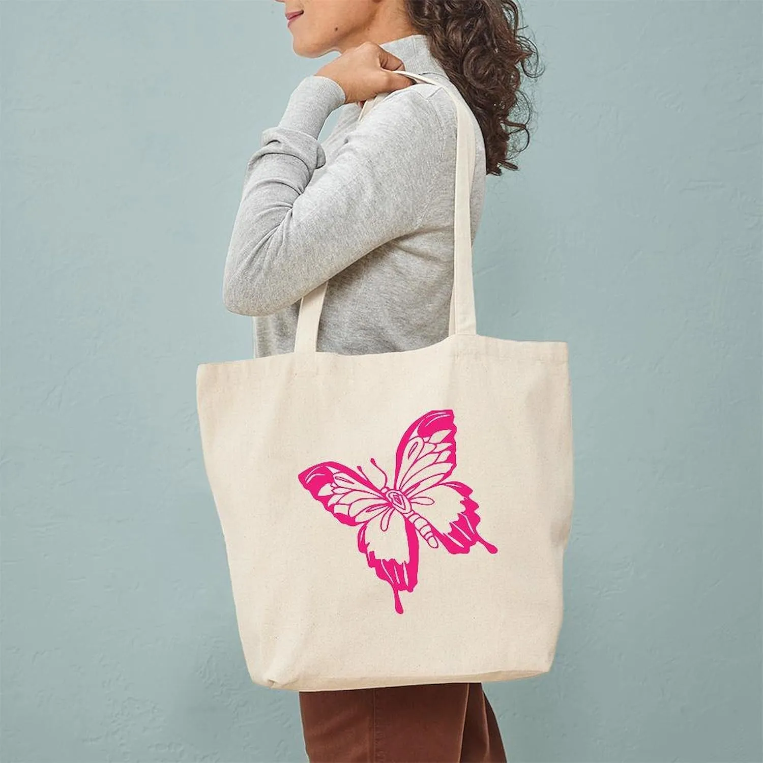 CafePress Pink Butterfly Tote Bag Reusable Natural Beige Canvas Shopping Bag