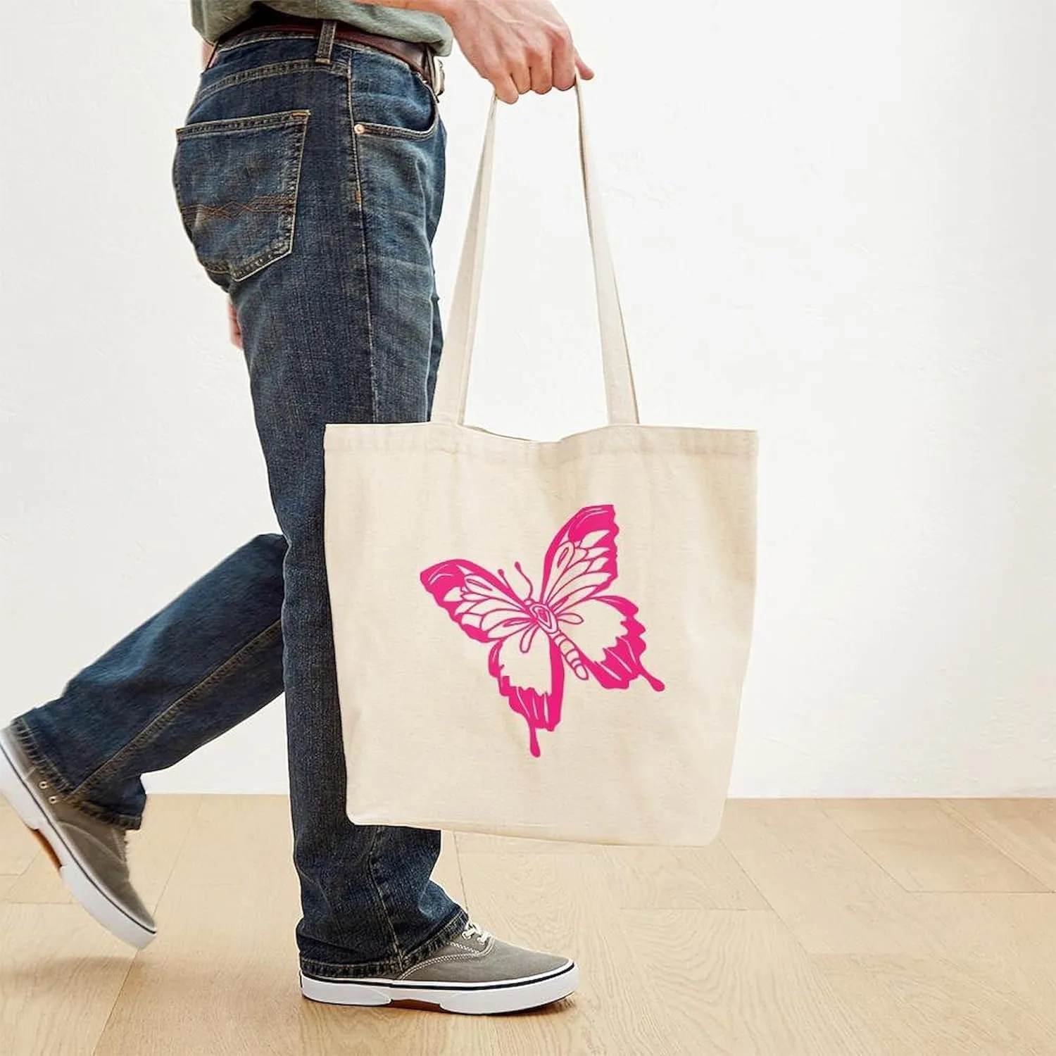 CafePress Pink Butterfly Tote Bag Reusable Natural Beige Canvas Shopping Bag
