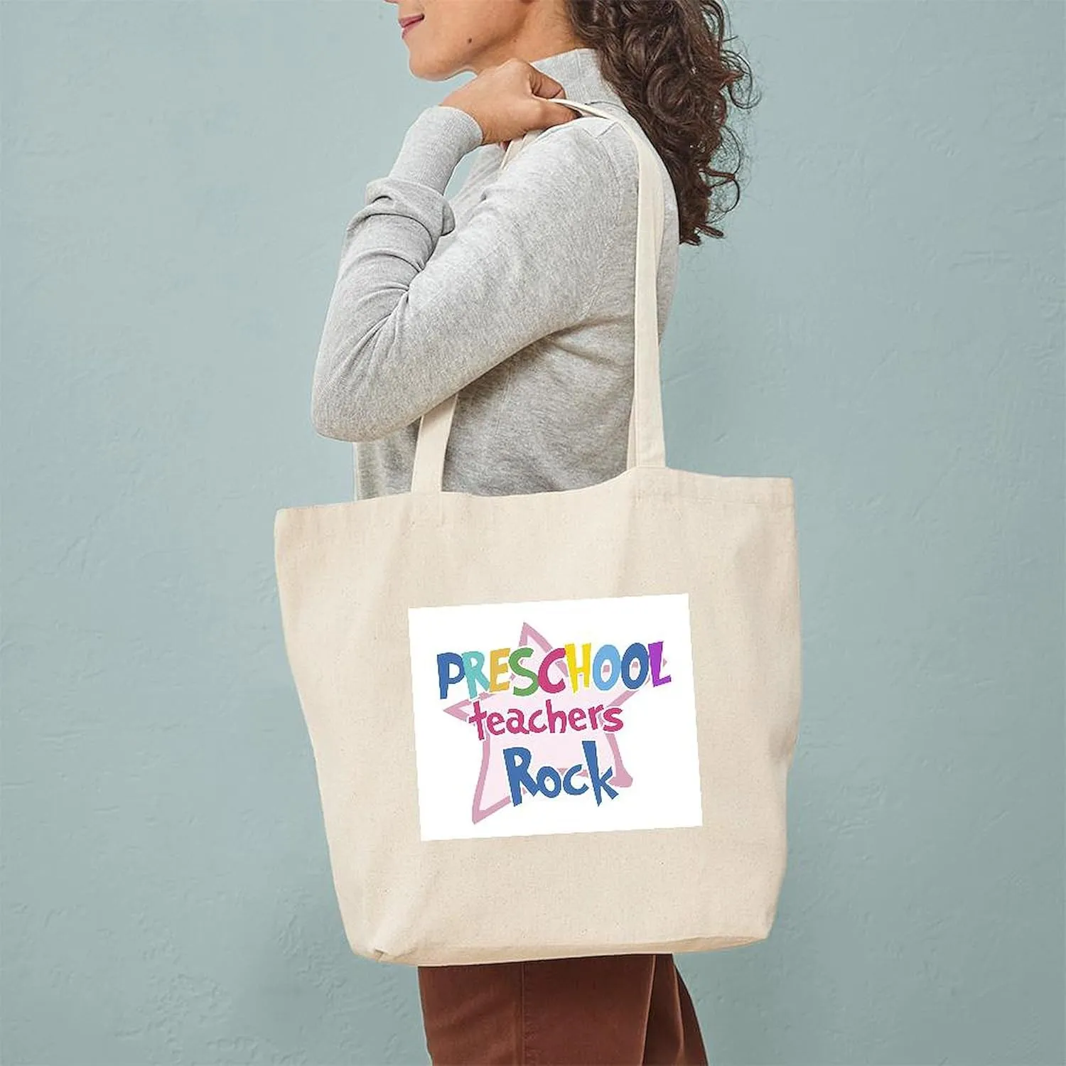 CafePress Preschool Teachers Rock Tote Bag Natural Canvas Tote Bag, Reusable Shopping Bag