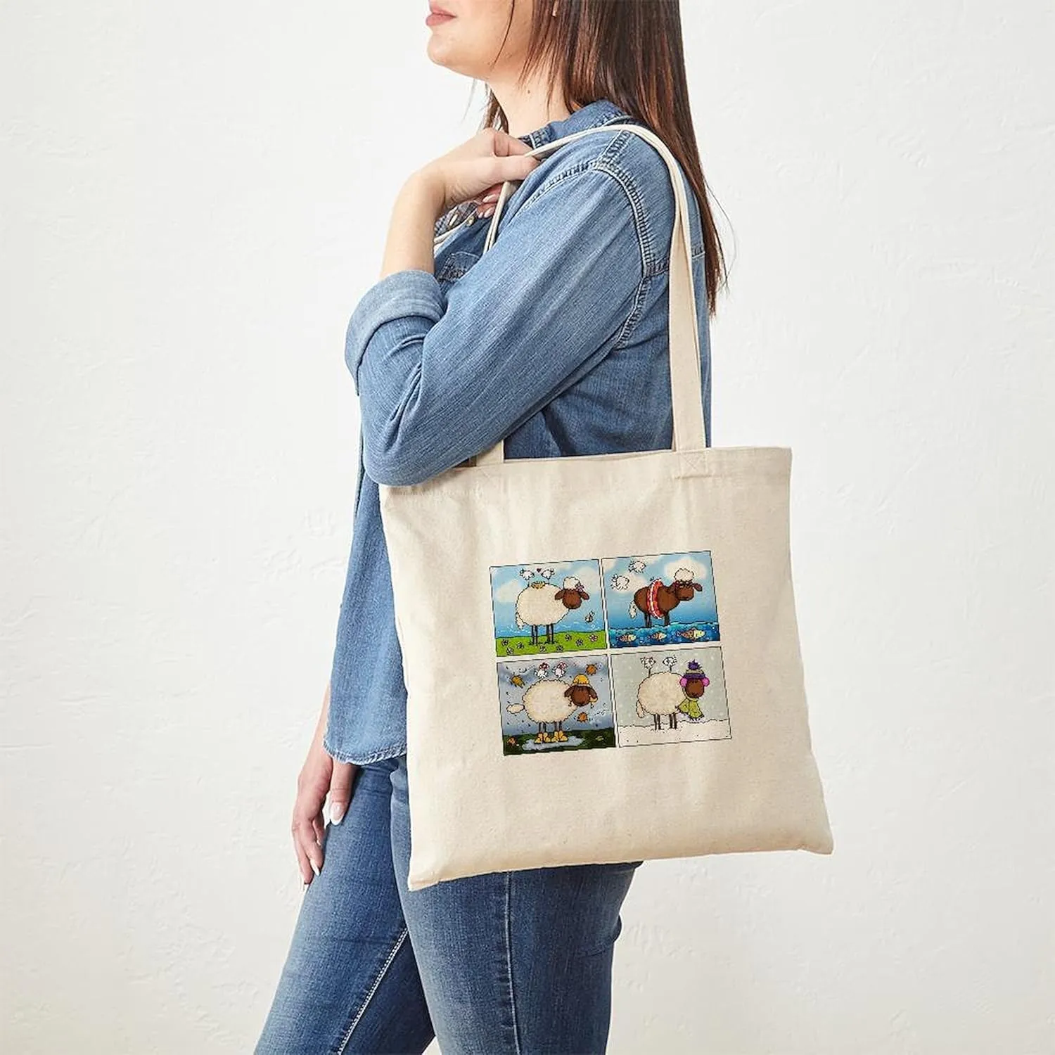 CafePress Sheep Of All Seasons Tote Bag Reusable Natural Beige Canvas Shopping Bag