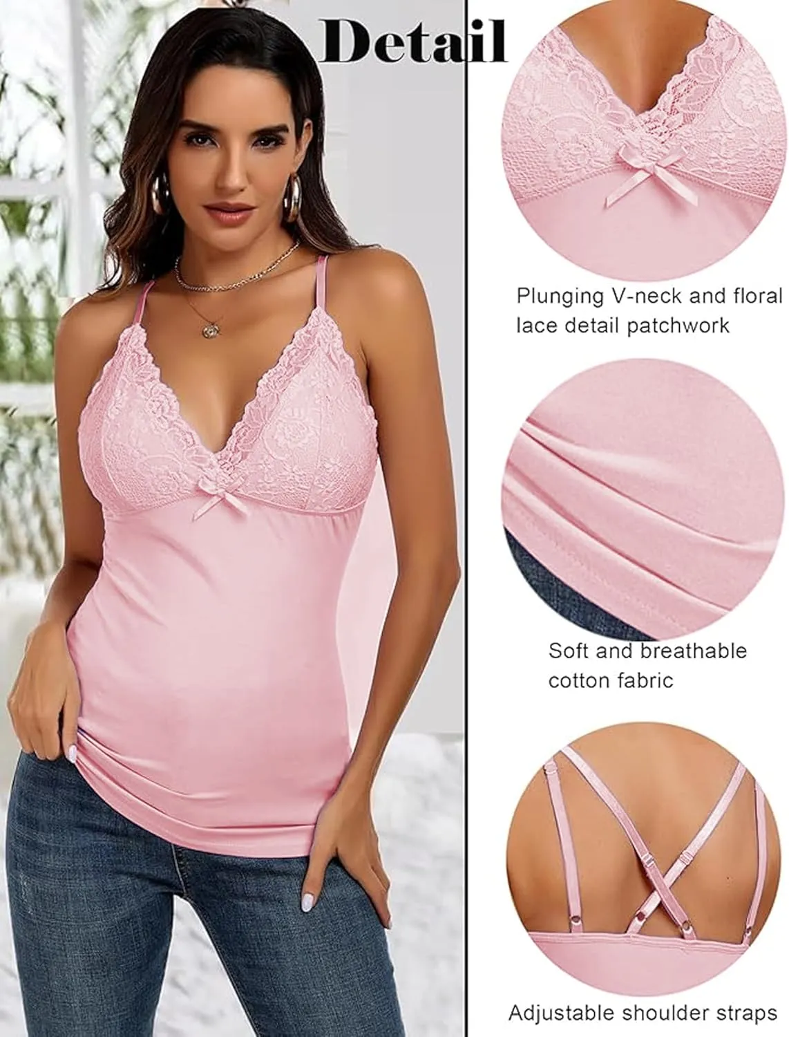 Camisole Tops for Women Cotton Lace Cami Top Adjustable Spaghetti Strap Tank Top V Neck Lace Trim Undershirt