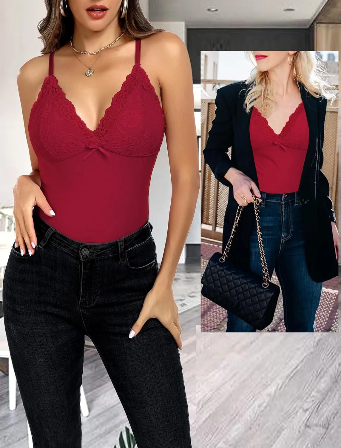 Camisole Tops for Women Cotton Lace Cami Top Adjustable Spaghetti Strap Tank Top V Neck Lace Trim Undershirt