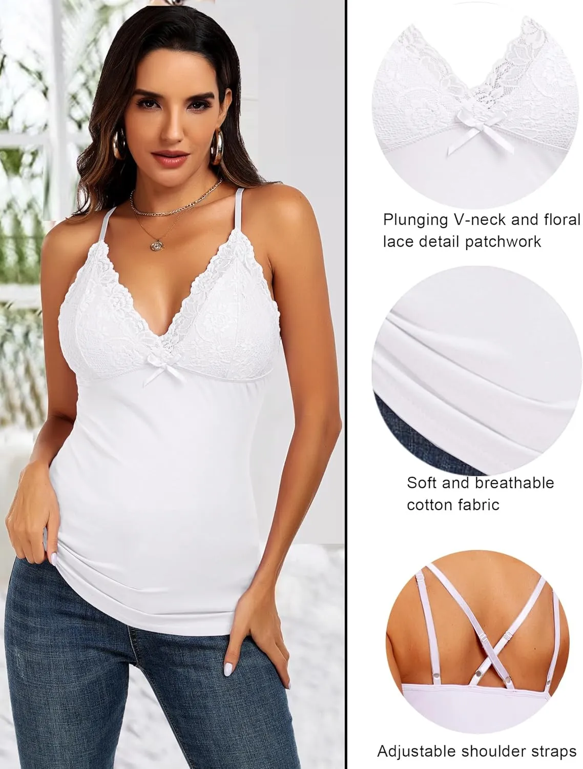 Camisole Tops for Women Cotton Lace Cami Top Adjustable Spaghetti Strap Tank Top V Neck Lace Trim Undershirt