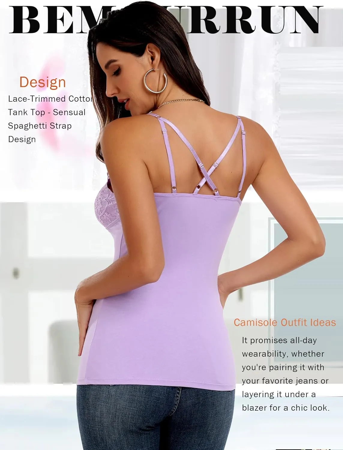 Camisole Tops for Women Cotton Lace Cami Top Adjustable Spaghetti Strap Tank Top V Neck Lace Trim Undershirt
