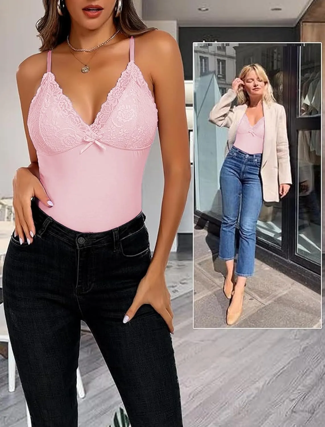 Camisole Tops for Women Cotton Lace Cami Top Adjustable Spaghetti Strap Tank Top V Neck Lace Trim Undershirt