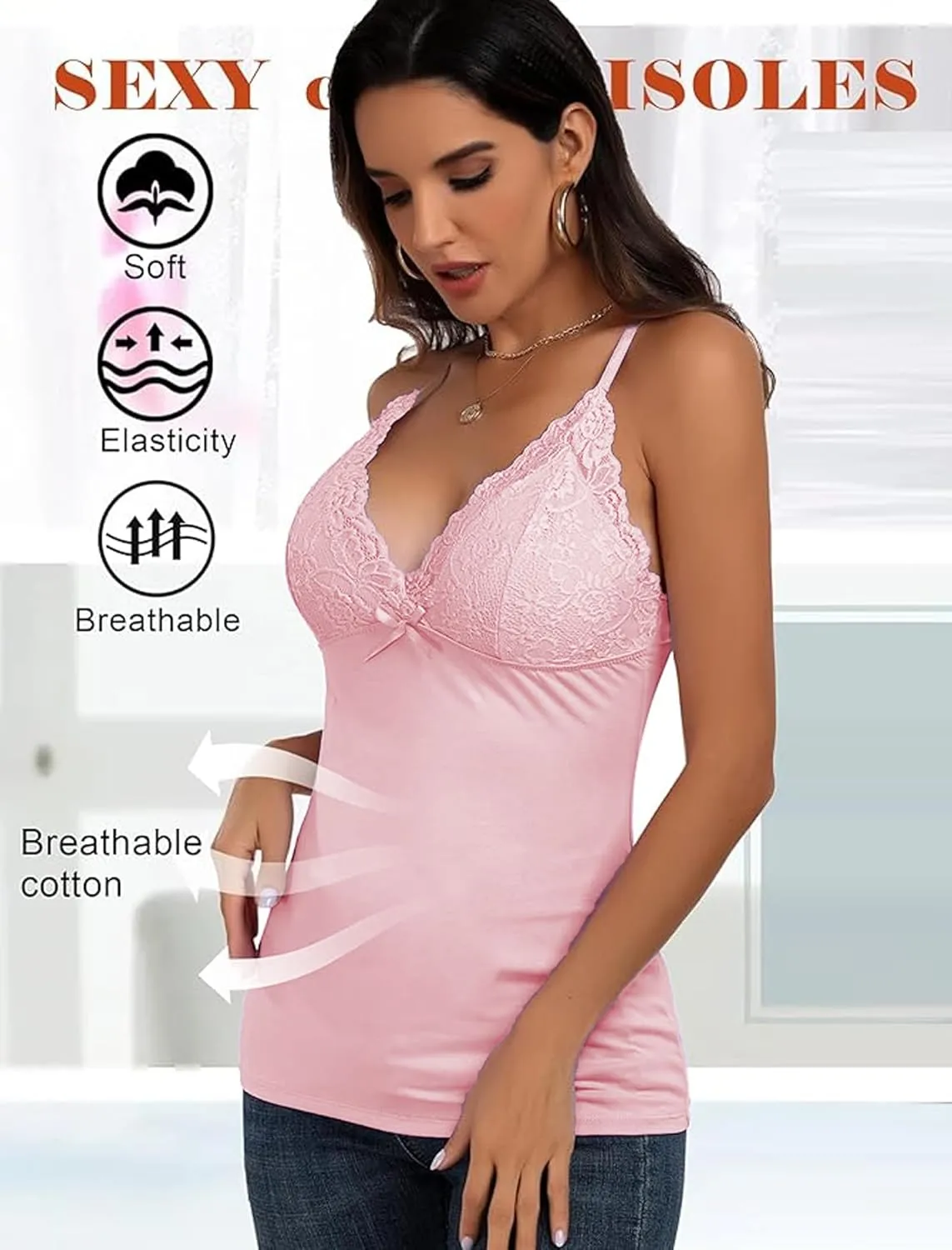 Camisole Tops for Women Cotton Lace Cami Top Adjustable Spaghetti Strap Tank Top V Neck Lace Trim Undershirt