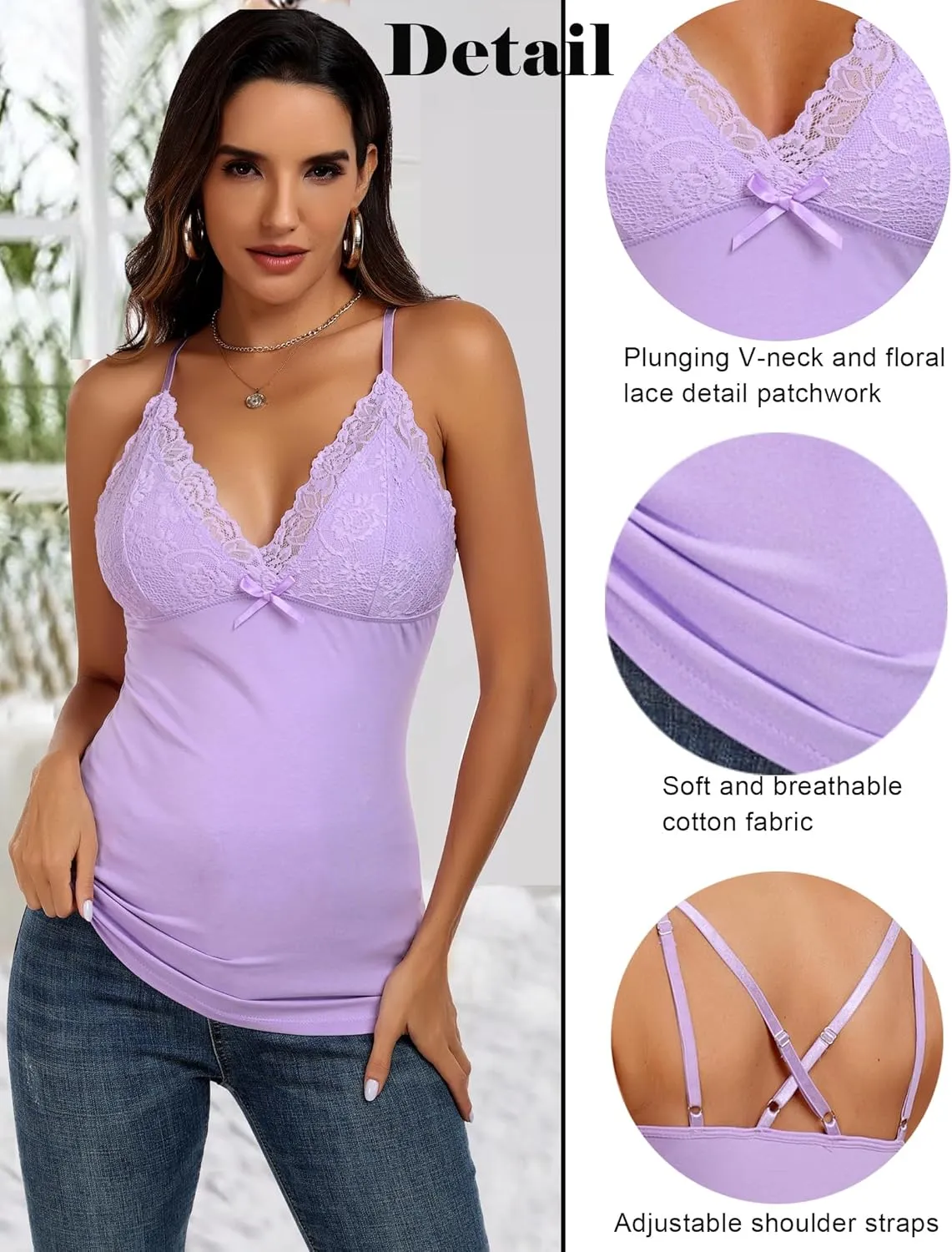 Camisole Tops for Women Cotton Lace Cami Top Adjustable Spaghetti Strap Tank Top V Neck Lace Trim Undershirt