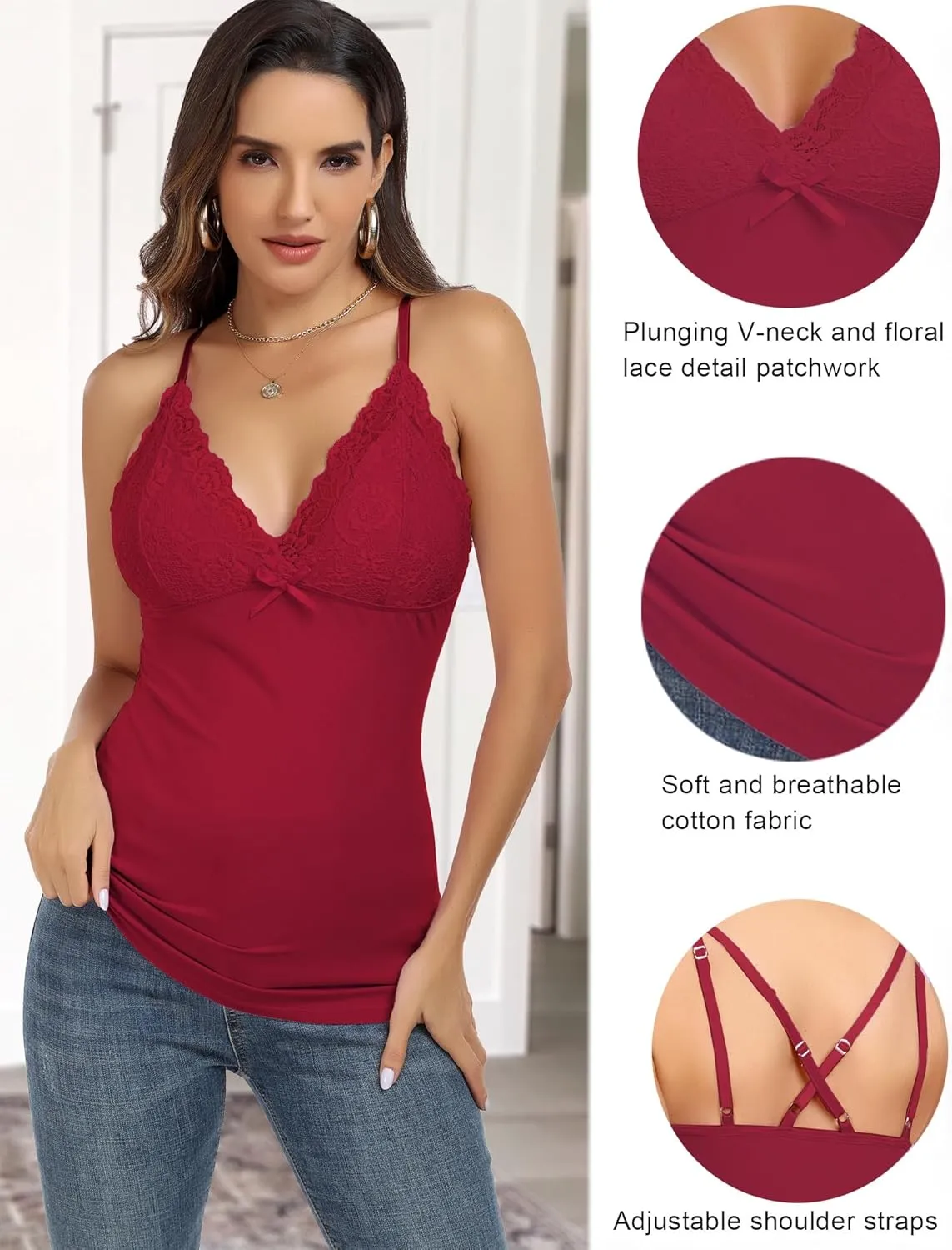 Camisole Tops for Women Cotton Lace Cami Top Adjustable Spaghetti Strap Tank Top V Neck Lace Trim Undershirt