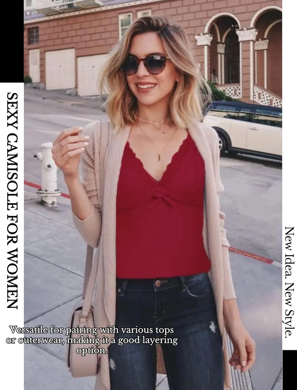 Camisole Tops for Women Cotton Lace Cami Top Adjustable Spaghetti Strap Tank Top V Neck Lace Trim Undershirt