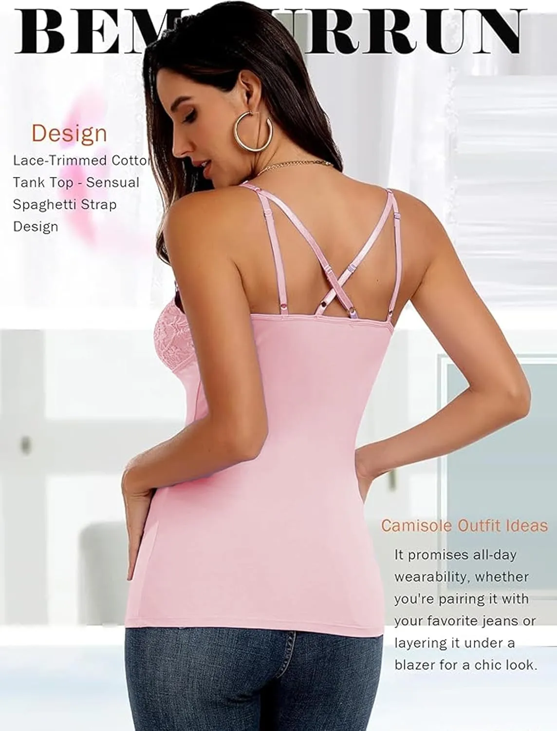 Camisole Tops for Women Cotton Lace Cami Top Adjustable Spaghetti Strap Tank Top V Neck Lace Trim Undershirt