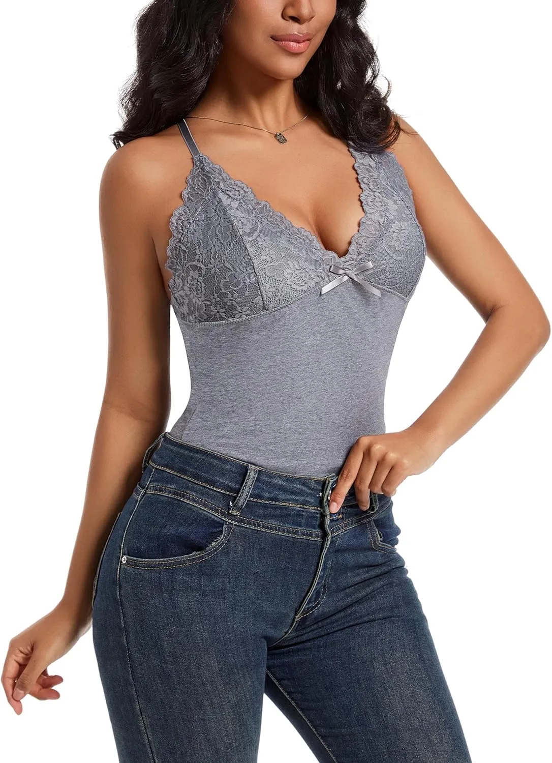 Camisole Tops for Women Cotton Lace Cami Top Adjustable Spaghetti Strap Tank Top V Neck Lace Trim Undershirt