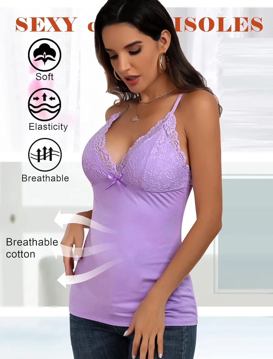 Camisole Tops for Women Cotton Lace Cami Top Adjustable Spaghetti Strap Tank Top V Neck Lace Trim Undershirt