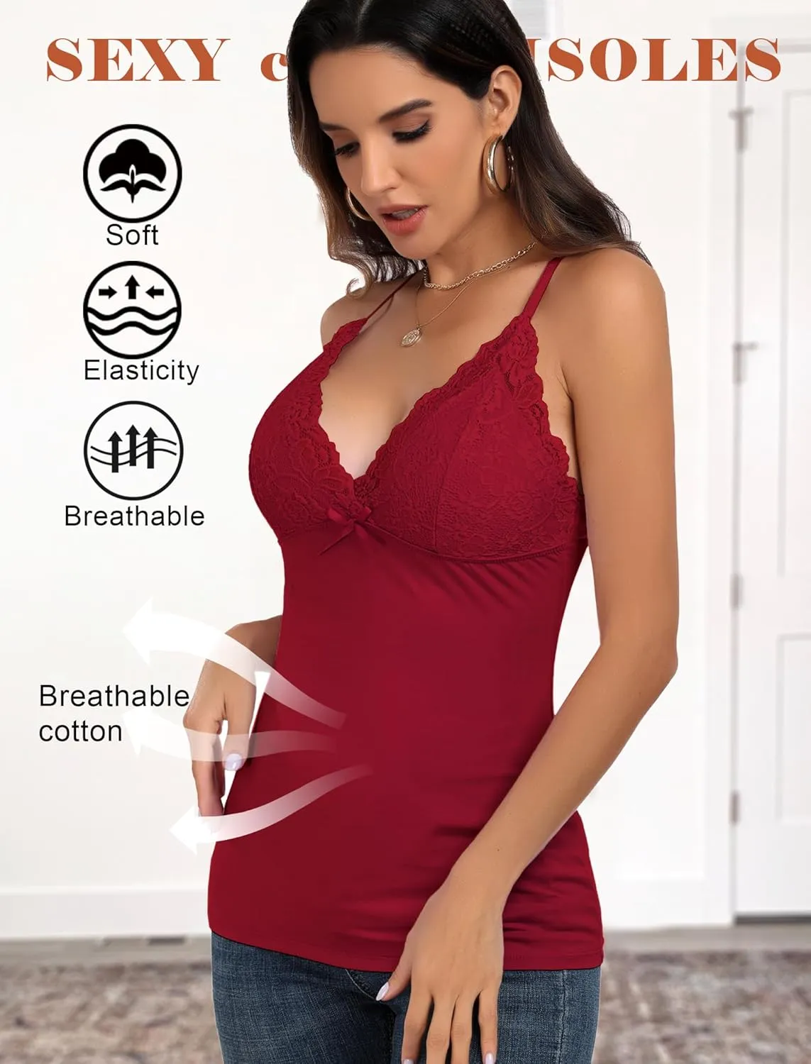 Camisole Tops for Women Cotton Lace Cami Top Adjustable Spaghetti Strap Tank Top V Neck Lace Trim Undershirt