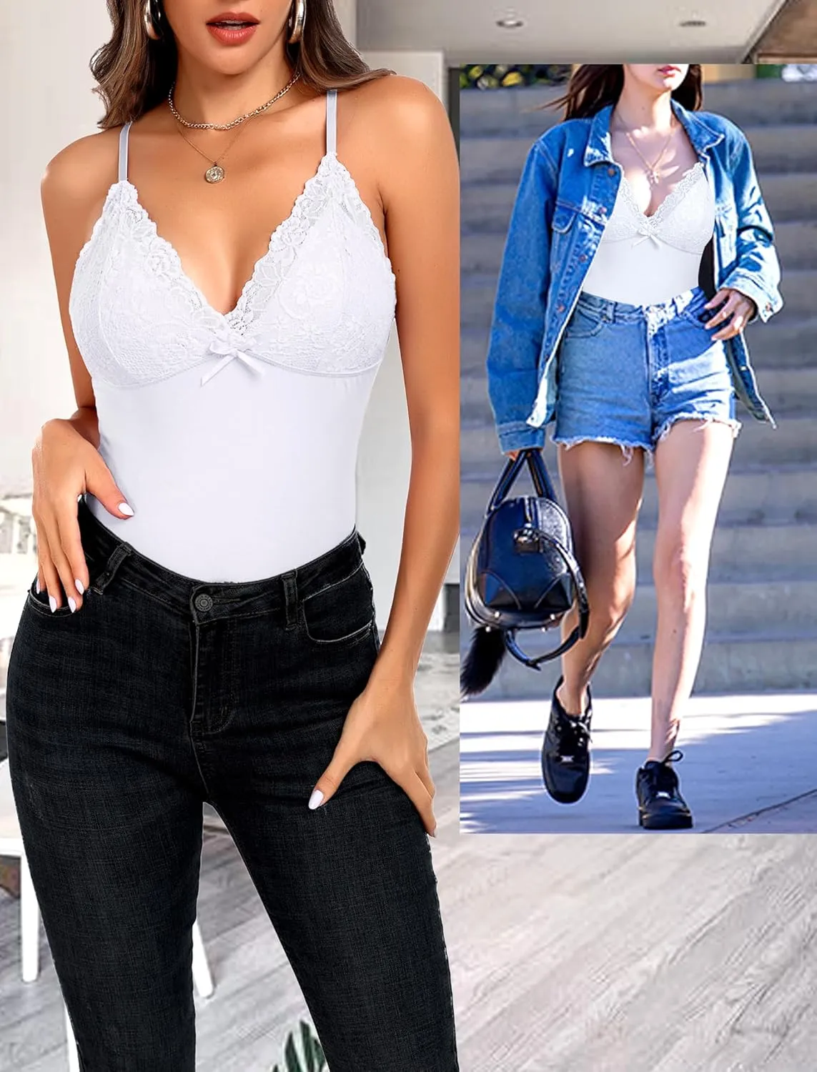 Camisole Tops for Women Cotton Lace Cami Top Adjustable Spaghetti Strap Tank Top V Neck Lace Trim Undershirt