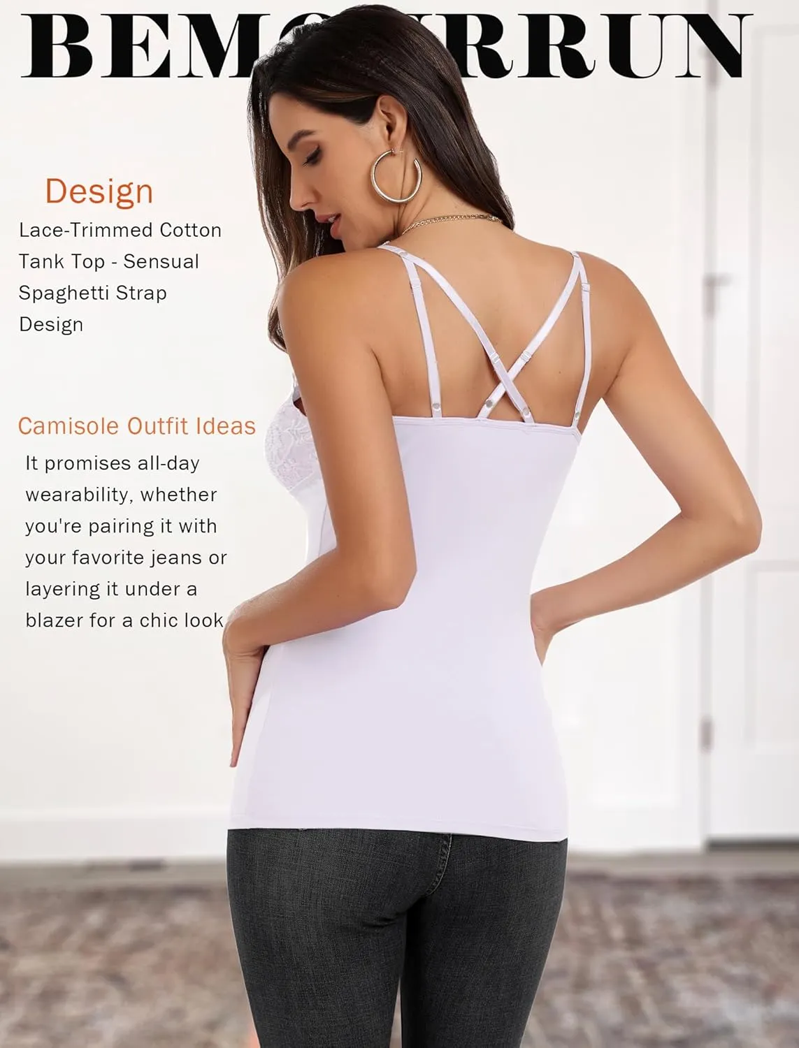 Camisole Tops for Women Cotton Lace Cami Top Adjustable Spaghetti Strap Tank Top V Neck Lace Trim Undershirt