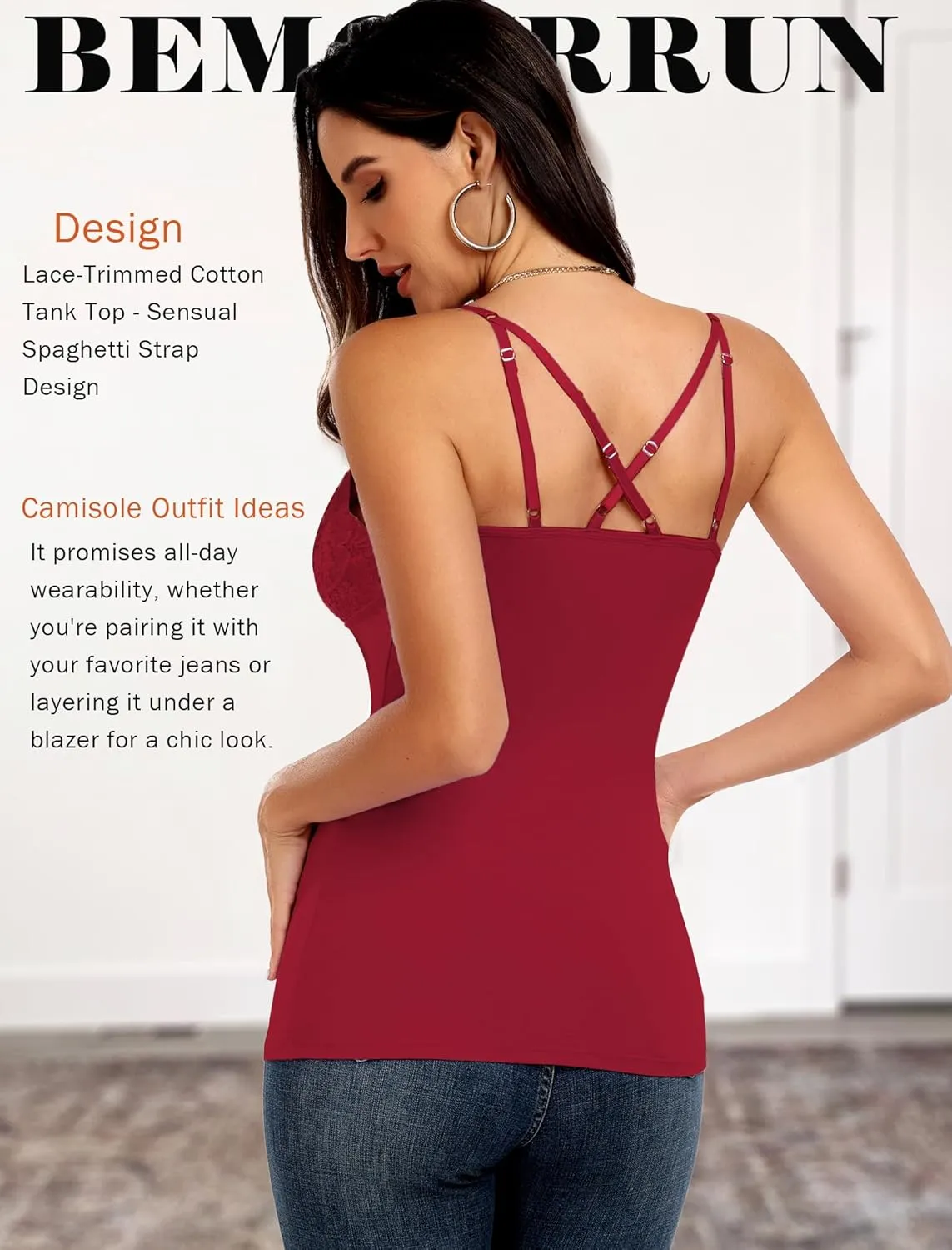 Camisole Tops for Women Cotton Lace Cami Top Adjustable Spaghetti Strap Tank Top V Neck Lace Trim Undershirt