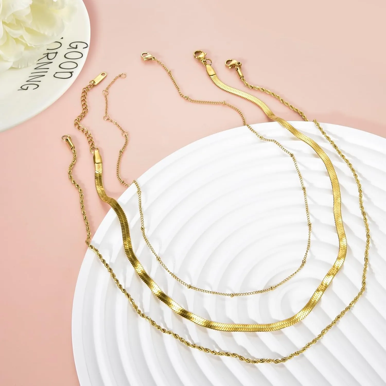 CANDYFANCY Dainty Gold Layered Necklace for Women Herringbone Snake Cuban Cable Chain Paperclip Rope Beaded Link Choker Layering Necklaces Set for Women Trendy Jewelry Gifts