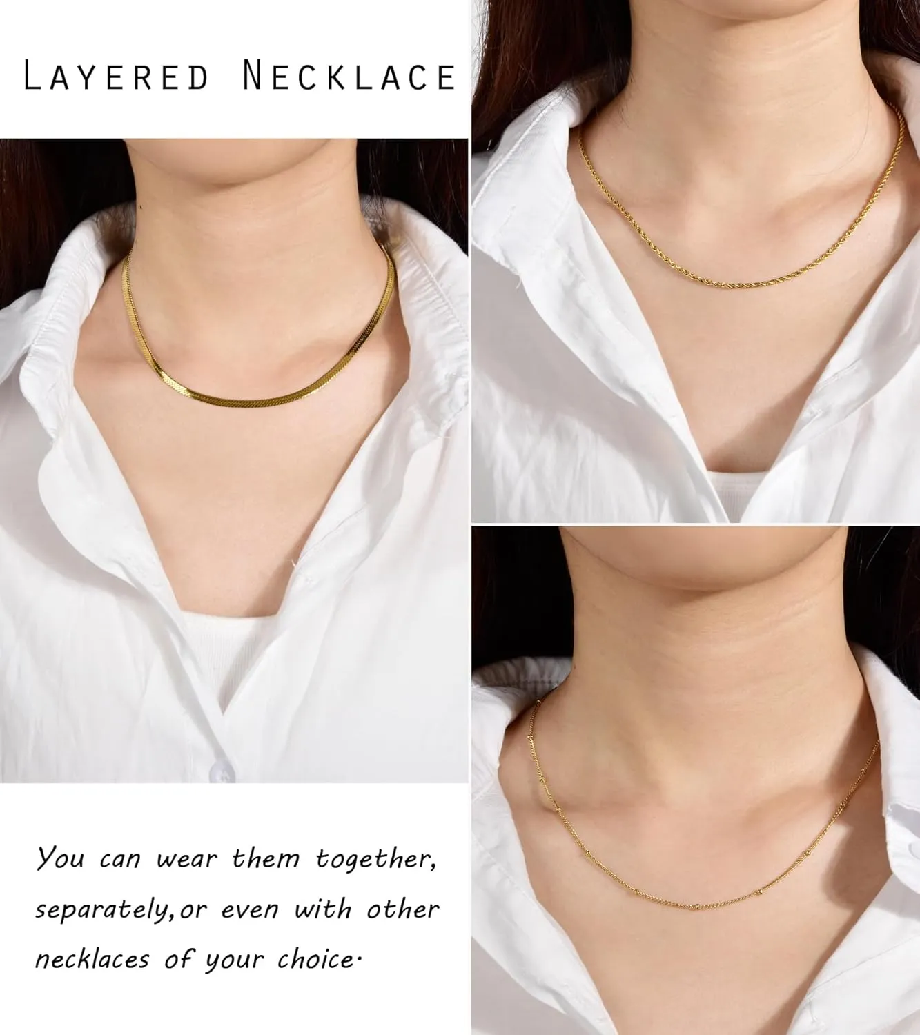 CANDYFANCY Dainty Gold Layered Necklace for Women Herringbone Snake Cuban Cable Chain Paperclip Rope Beaded Link Choker Layering Necklaces Set for Women Trendy Jewelry Gifts