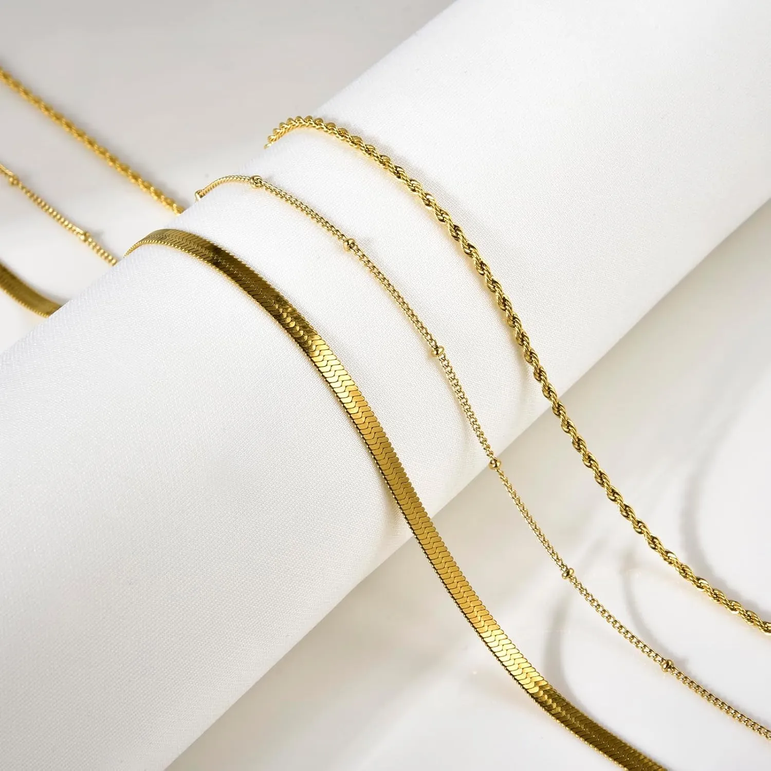 CANDYFANCY Dainty Gold Layered Necklace for Women Herringbone Snake Cuban Cable Chain Paperclip Rope Beaded Link Choker Layering Necklaces Set for Women Trendy Jewelry Gifts
