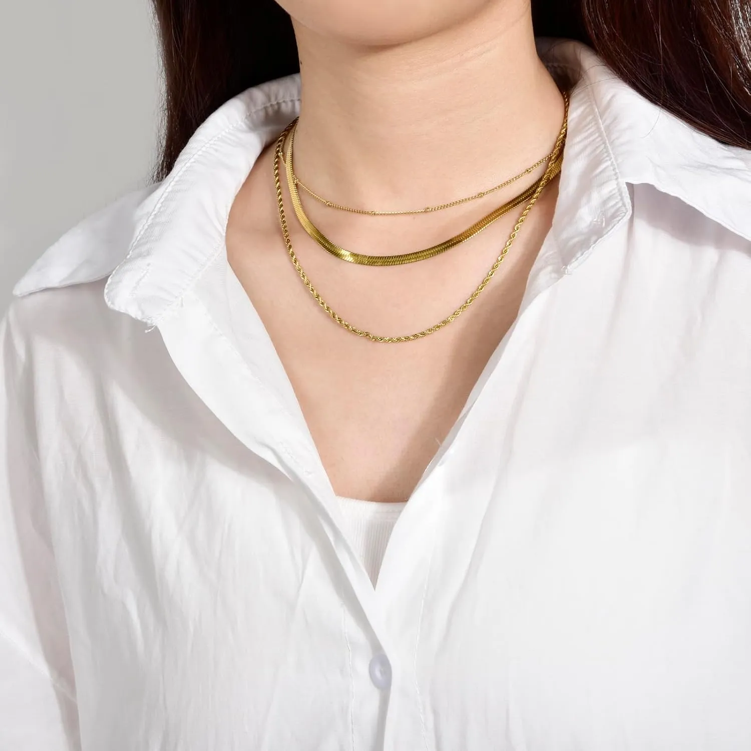 CANDYFANCY Dainty Gold Layered Necklace for Women Herringbone Snake Cuban Cable Chain Paperclip Rope Beaded Link Choker Layering Necklaces Set for Women Trendy Jewelry Gifts