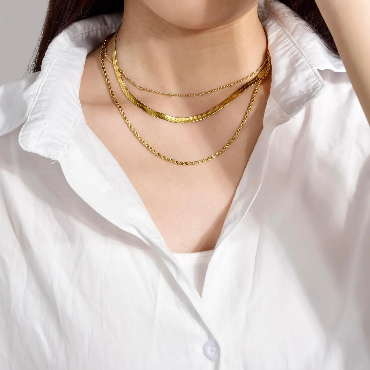 CANDYFANCY Dainty Gold Layered Necklace for Women Herringbone Snake Cuban Cable Chain Paperclip Rope Beaded Link Choker Layering Necklaces Set for Women Trendy Jewelry Gifts