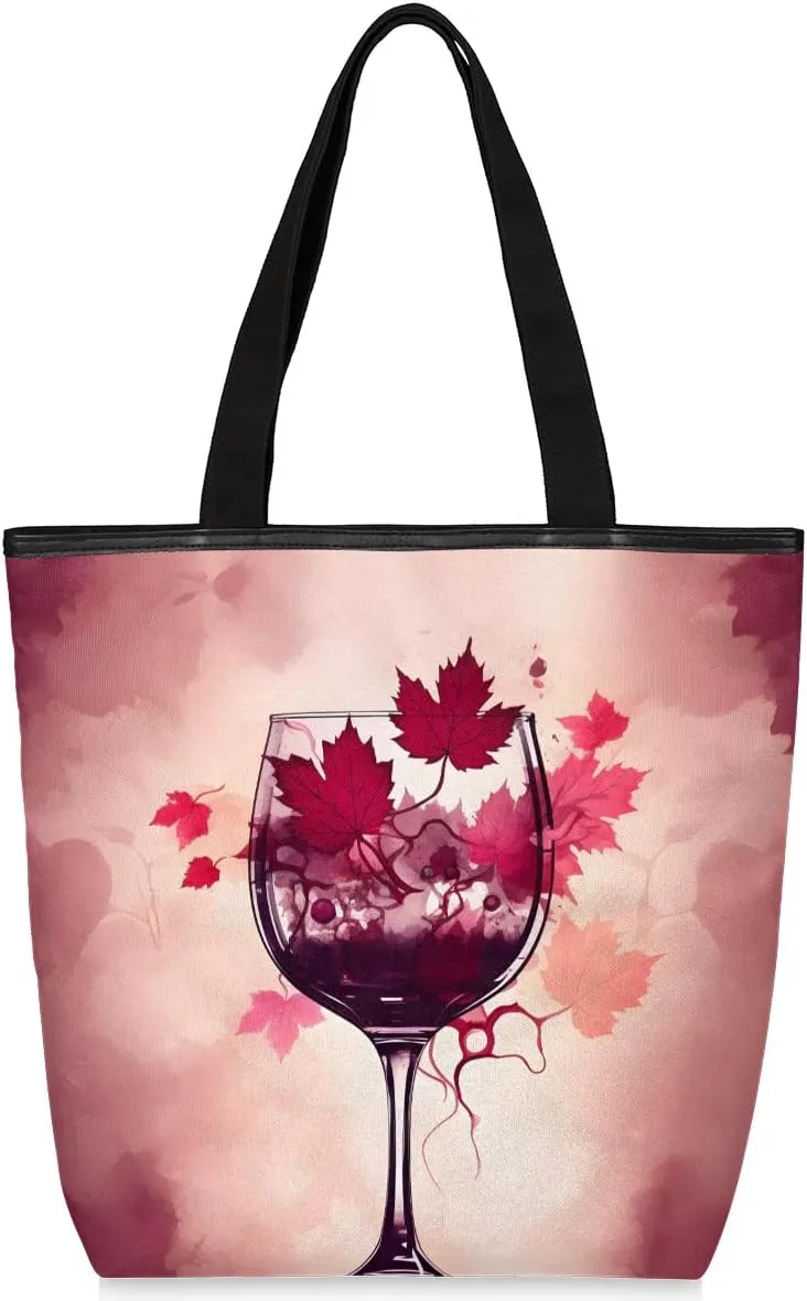 Canvas Tote Bag for Women Large Tote Bag with Zipper & Pockets Canvas Beach Bag Red Wine Glass Shoulder Bag Reusable Shopping Bags Cute Tote Bags for Work Travel