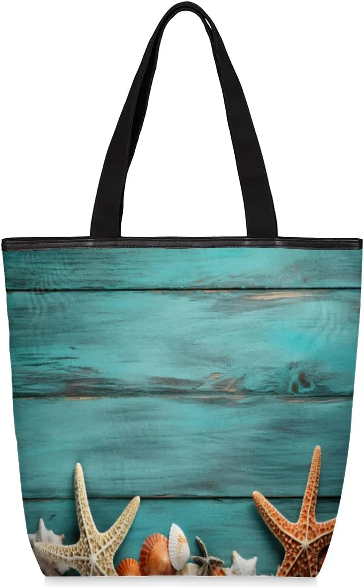 Canvas Tote Bag for Women Large Tote Bag with Zipper & Pockets Starfish Wooden Texture Canvas Beach Bag Shoulder Bag Reusable Shopping Bags Cute Tote Bags for Work Travel