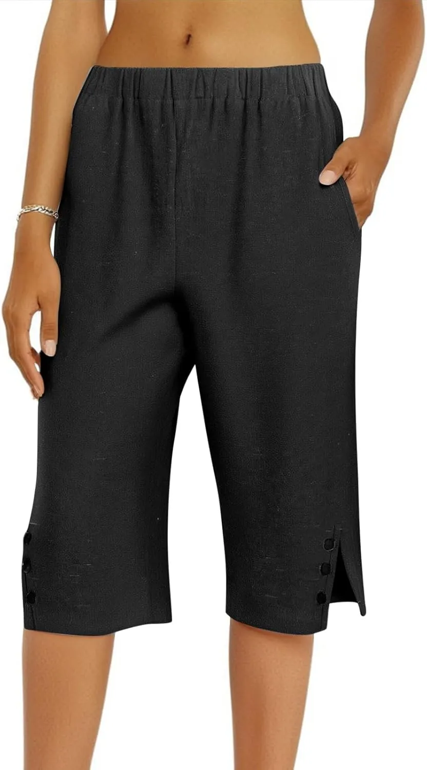 Capri Pants for Women Bermuda Shorts High Waisted Wide Leg Cropped Linen Pants Casual Palazzo Pant with Pockets