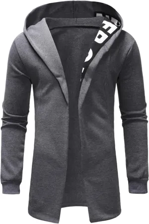 Cardigan Jacket for Men Trendy Letter Print Mid-Length Trench Coat Casual Hooded Long Sleeve Comfy Warm Coat Outfits