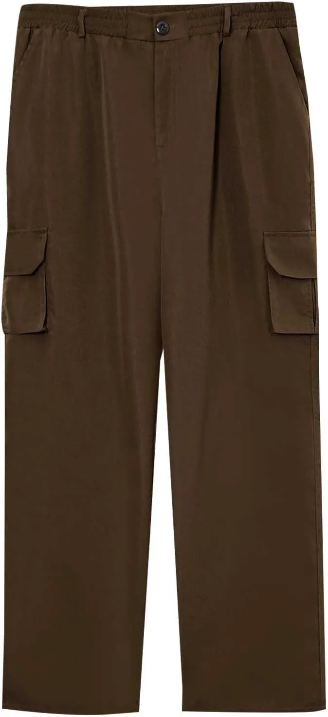 Cargo Pants for Men Casual Button Elastic Waist Chino Pants Relaxed Fit Carpenter Hiking Work Pants with Pockets