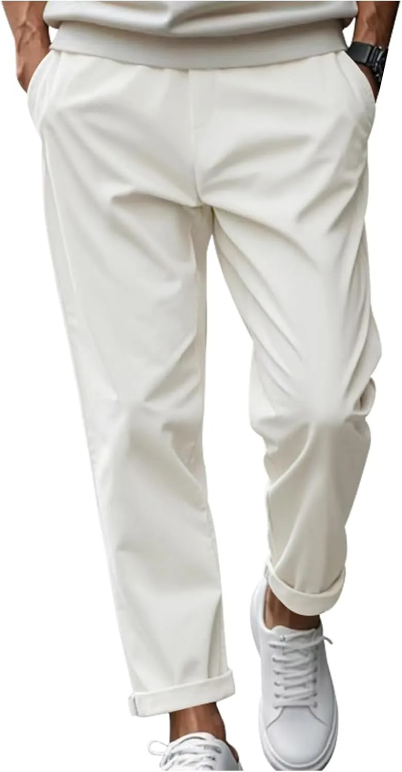 Casual Pants for Men Relaxed Fit Quick Dry Drawstring Straight Pants Baggy Work Office Business Trousers with Pockets