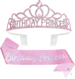 CAVETEE Princess Crowns and Sashes for Girls & Women - Birthday Party Decorations Set