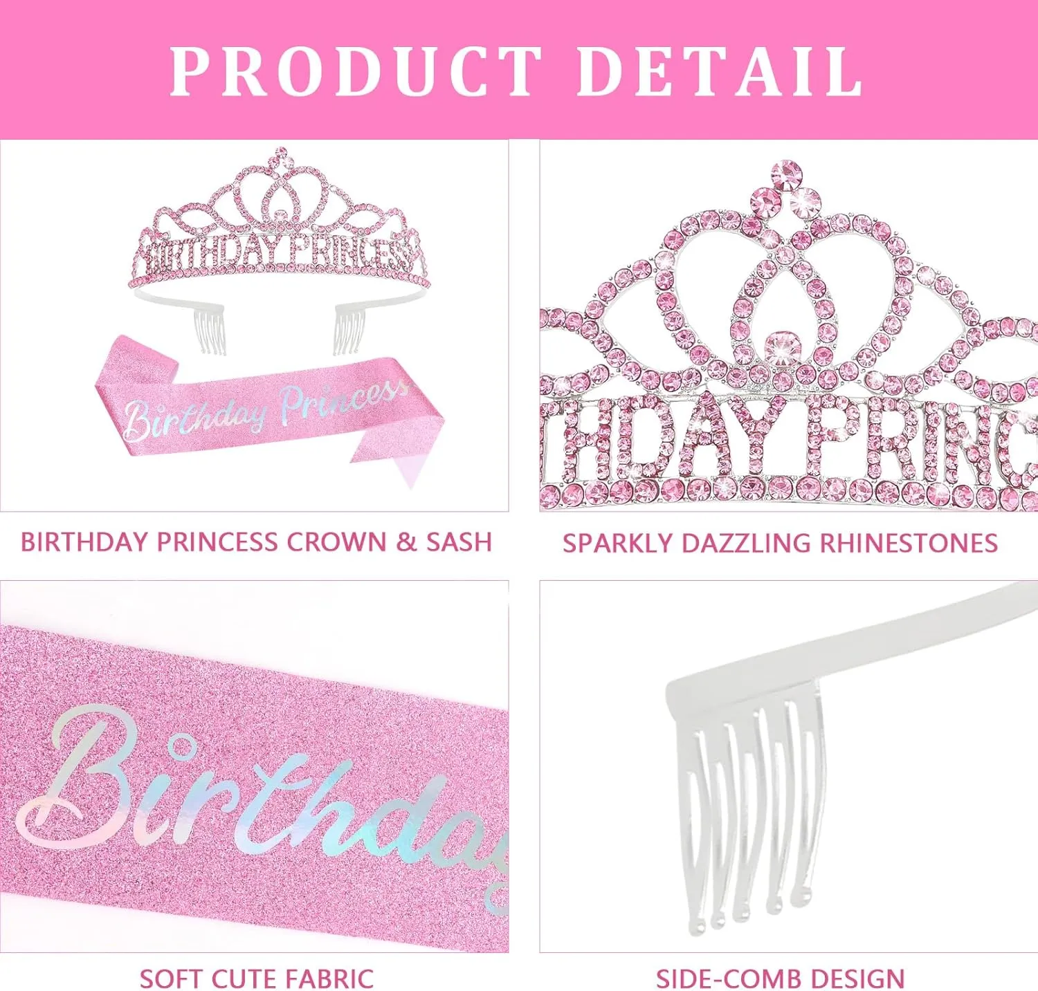 CAVETEE Princess Crowns and Sashes for Girls & Women - Birthday Party Decorations Set