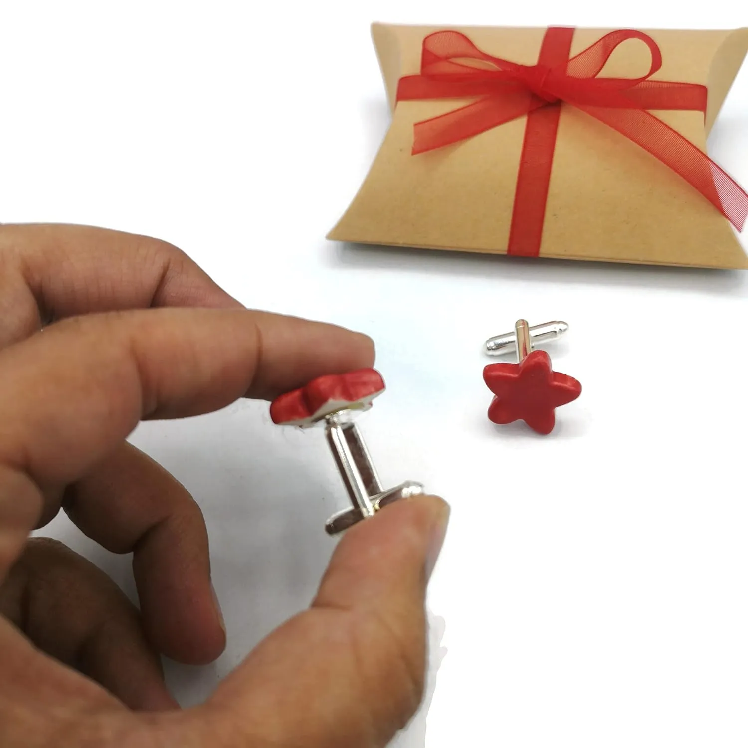 Ceramic Star Cufflinks, Handmade Clothing Accessories For Men (Matte Red)