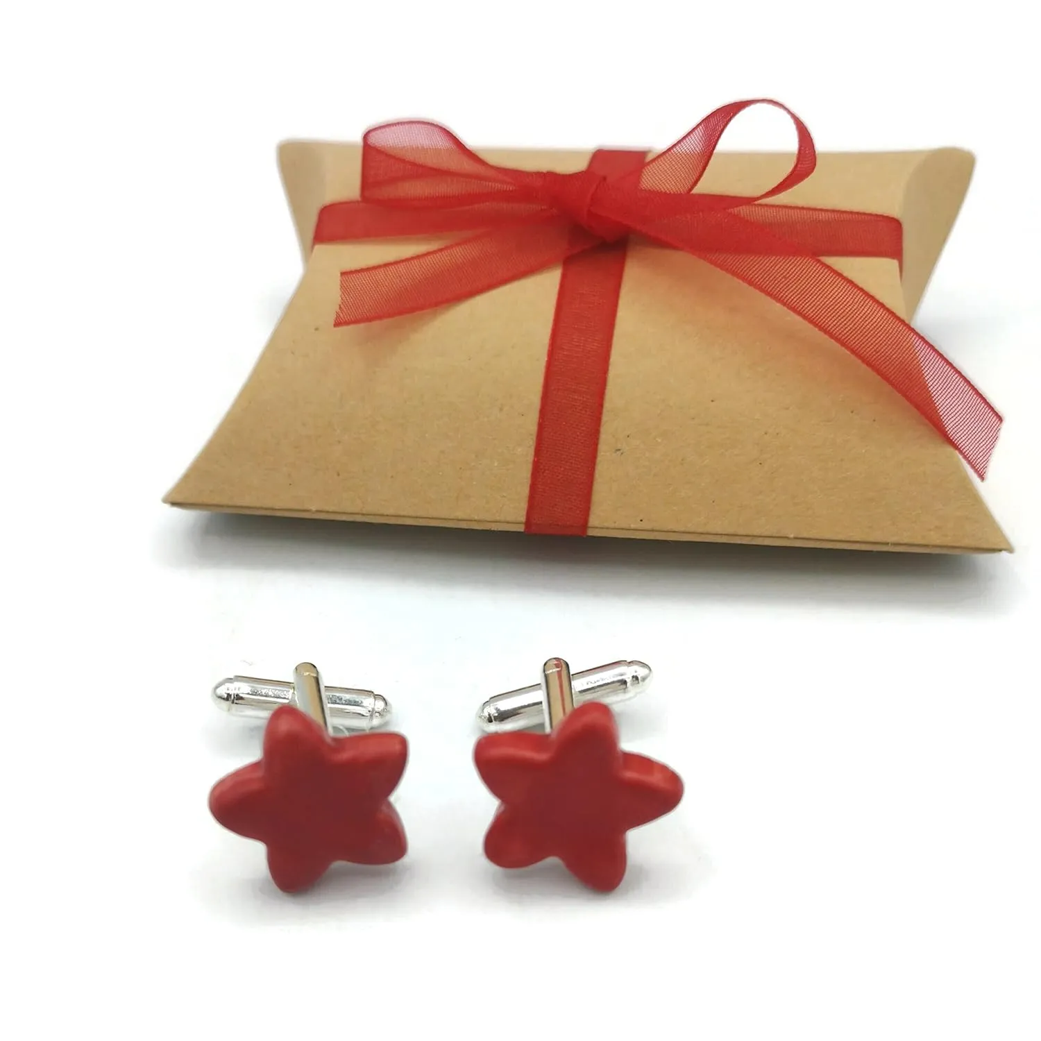 Ceramic Star Cufflinks, Handmade Clothing Accessories For Men (Matte Red)
