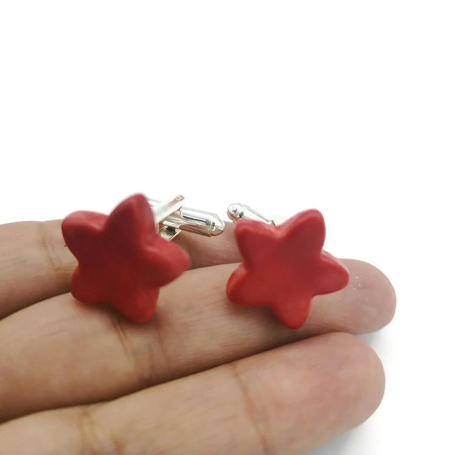 Ceramic Star Cufflinks, Handmade Clothing Accessories For Men (Matte Red)