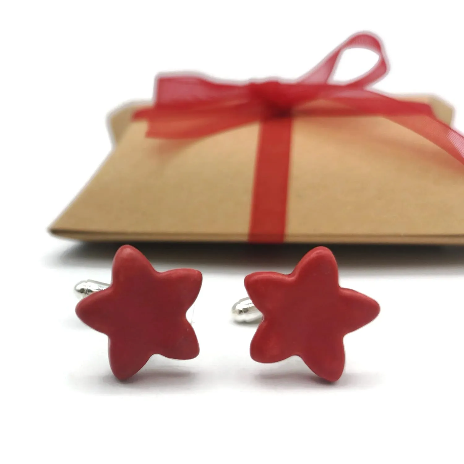 Ceramic Star Cufflinks, Handmade Clothing Accessories For Men (Matte Red)