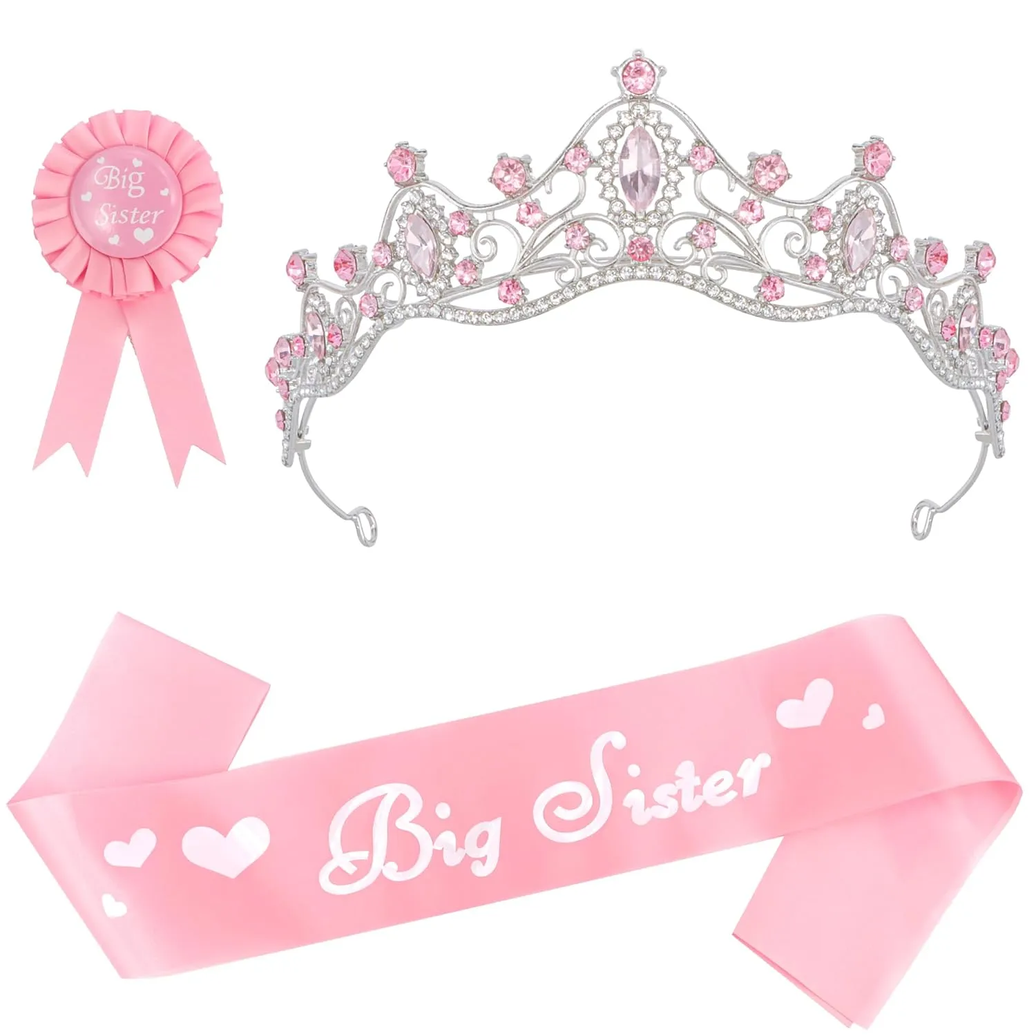 Chanaco Big Sister Gifts for Girls Tiara Sash and Badge Pin Big Sister to Be Accessory Set Pink Metal Rhinestone Crown Announcement Party 3Pcs Glitter Cute Sibling Gift