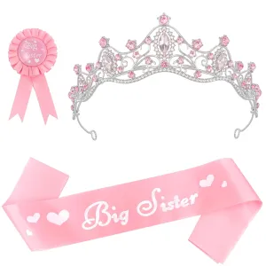 Chanaco Big Sister Gifts for Girls Tiara Sash and Badge Pin Big Sister to Be Accessory Set Pink Metal Rhinestone Crown Announcement Party 3Pcs Glitter Cute Sibling Gift